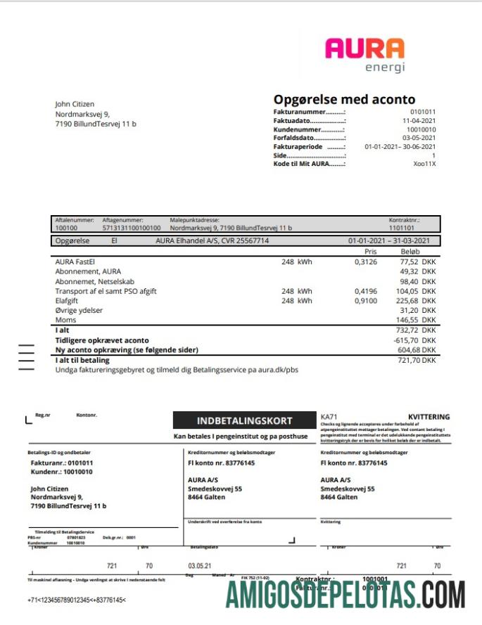 Para baixar modelo de conta de serviços públicos AURA Energi da Dinamarca em formato Word e PDF